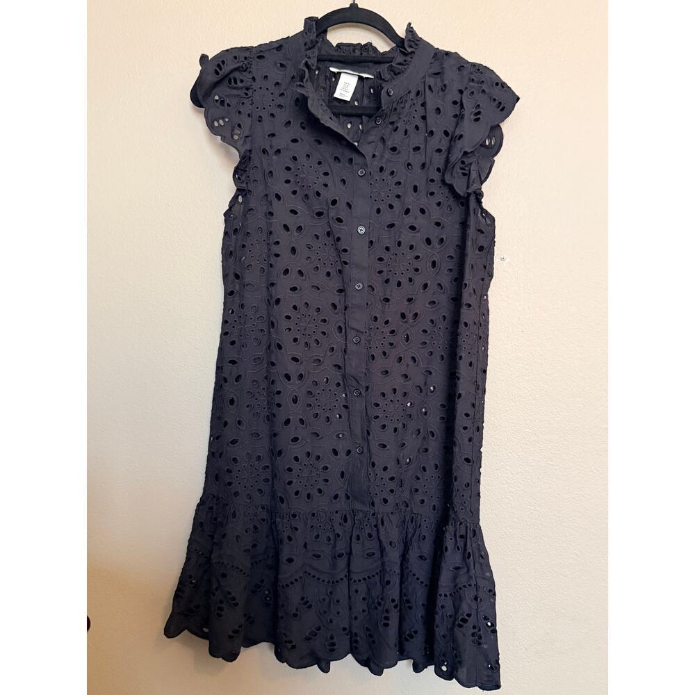 H&M Button Front Ruffle Hem Eyelet Lace Cap Sleeve Mini Dress Black XS - Picture 3 of 12